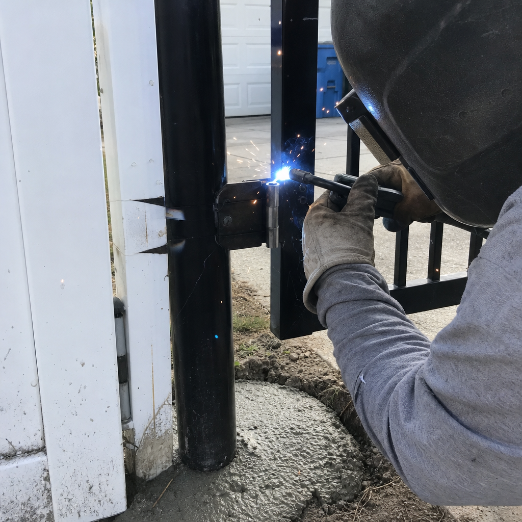 Professional welder performing metal gate installation and hinge repair