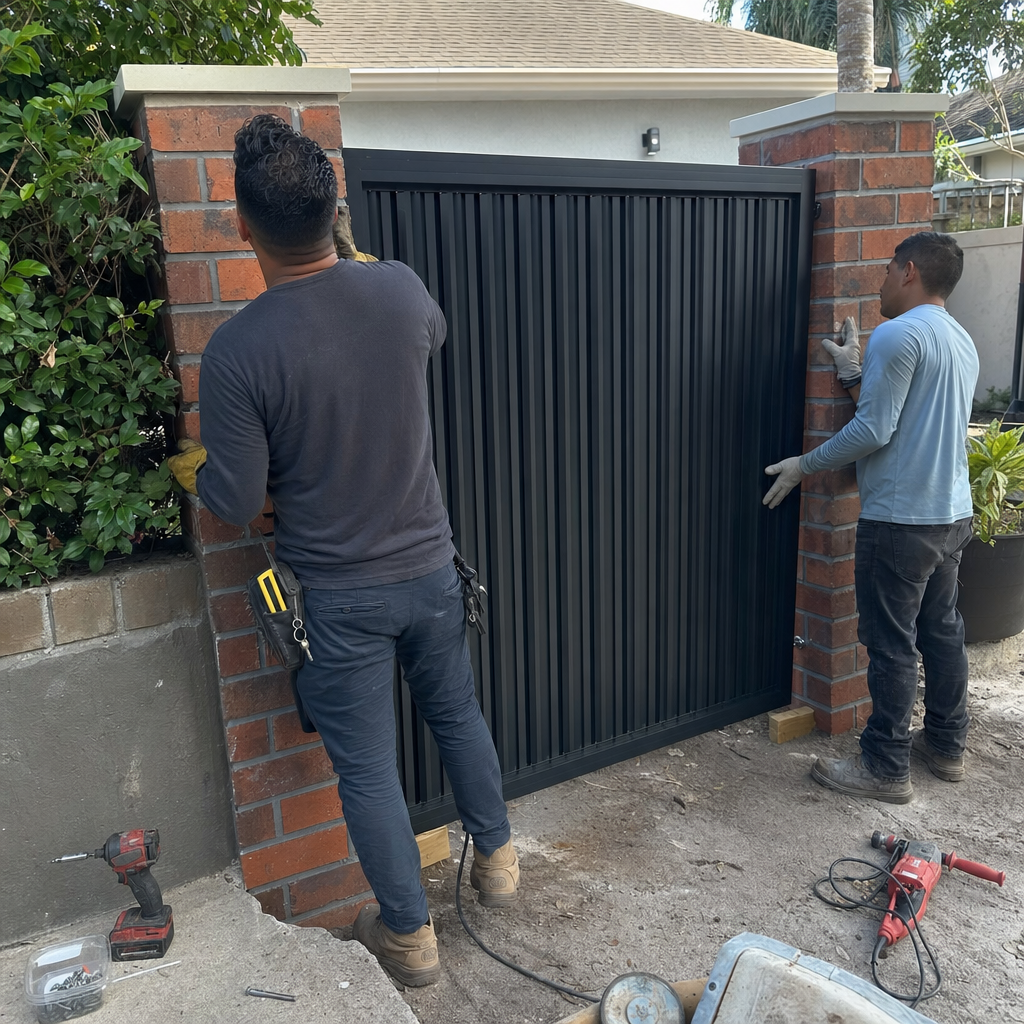 Two professional technicians installing a modern black metal residential driveway gate.