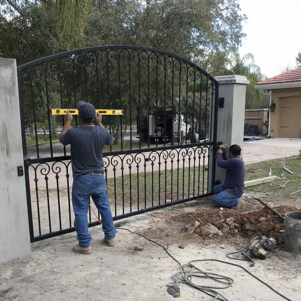 Two technicians professionally installing an ornate black metal driveway gate