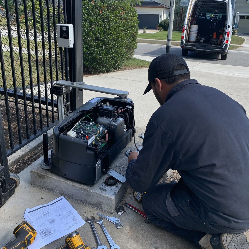 Technician performing professional repair on an automated gate opener motor.
