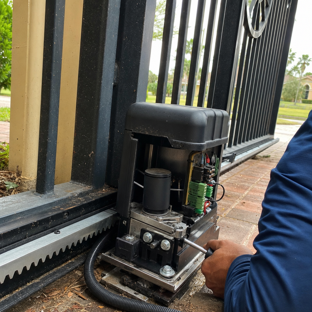 Technician performing professional sliding gate motor repair and maintenance