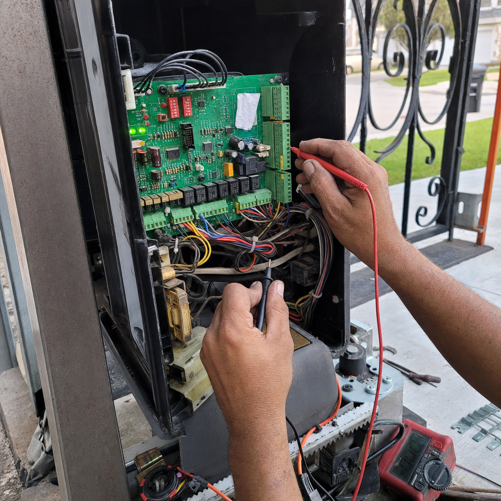 Technician using a multimeter to repair a gate motor circuit board
