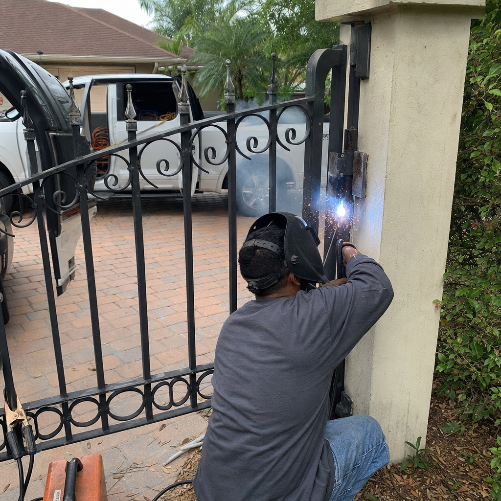 A professional welder repairing a metal gate hinge on a pillar