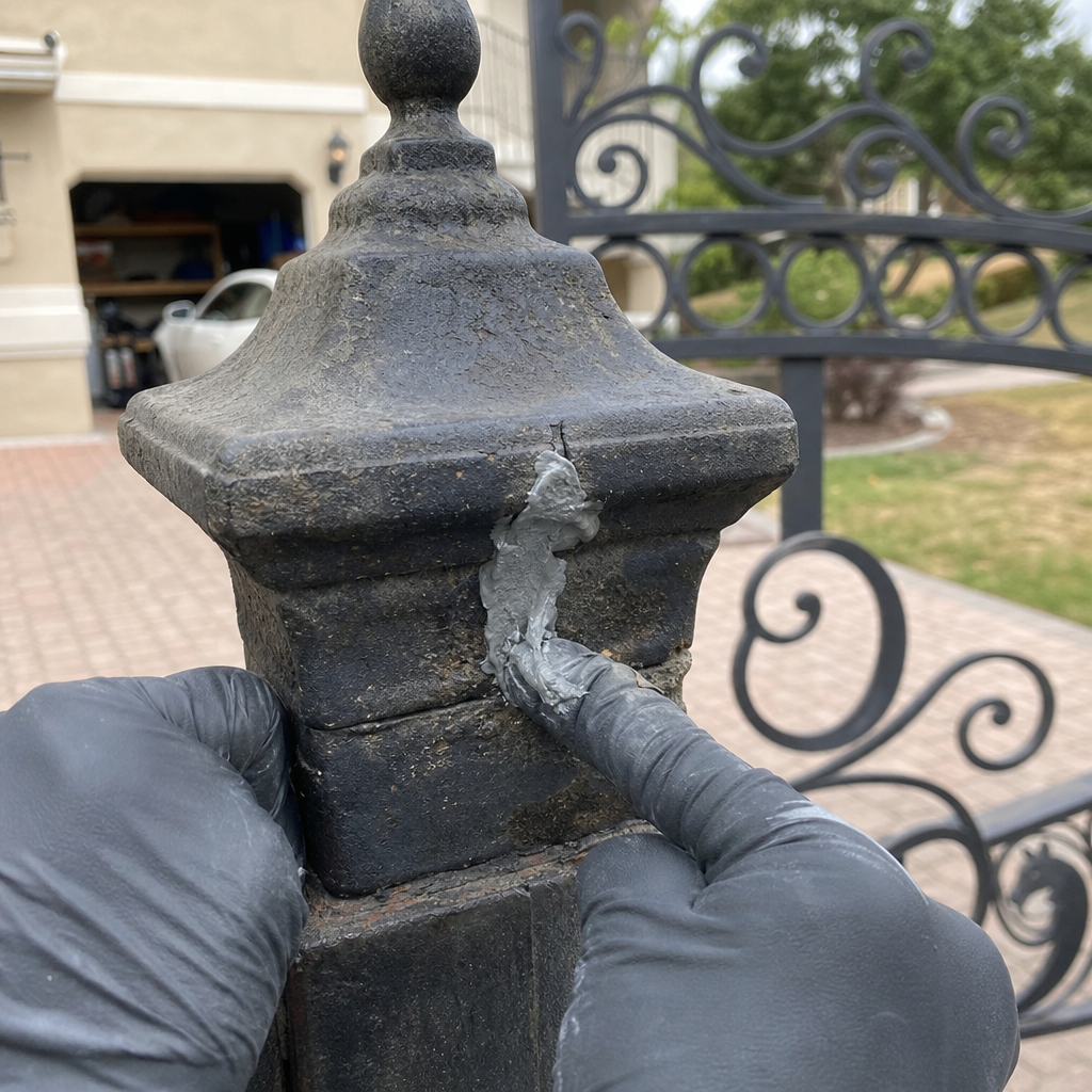 professional repair technician fixing cracked iron gate post with epoxy