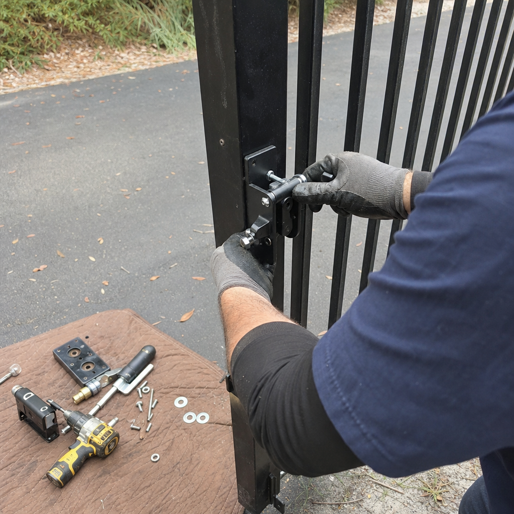 Technician installing gate latch and hardware for professional gate repair