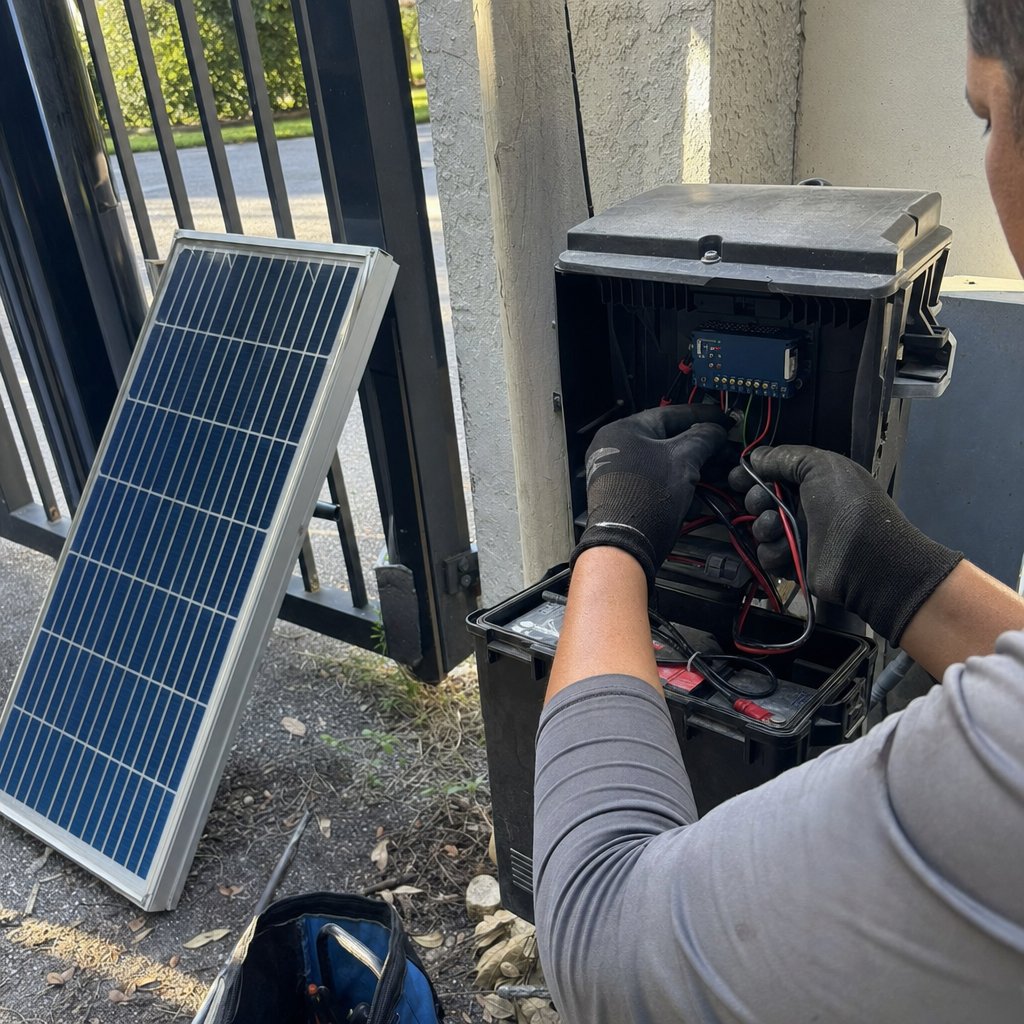 Technician repairing solar-powered automatic gate access control unit in Orlando, FL