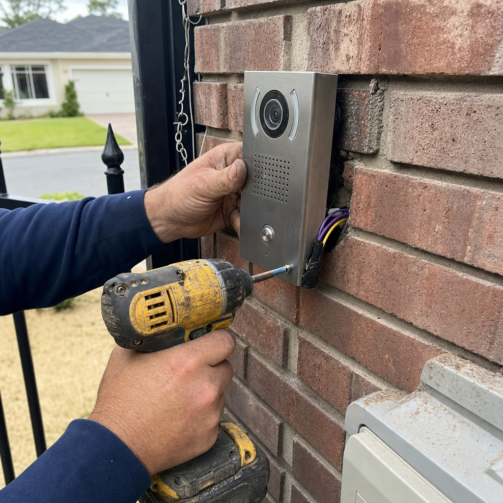Technician installing gate access control system on brick pillar in Orlando, FL