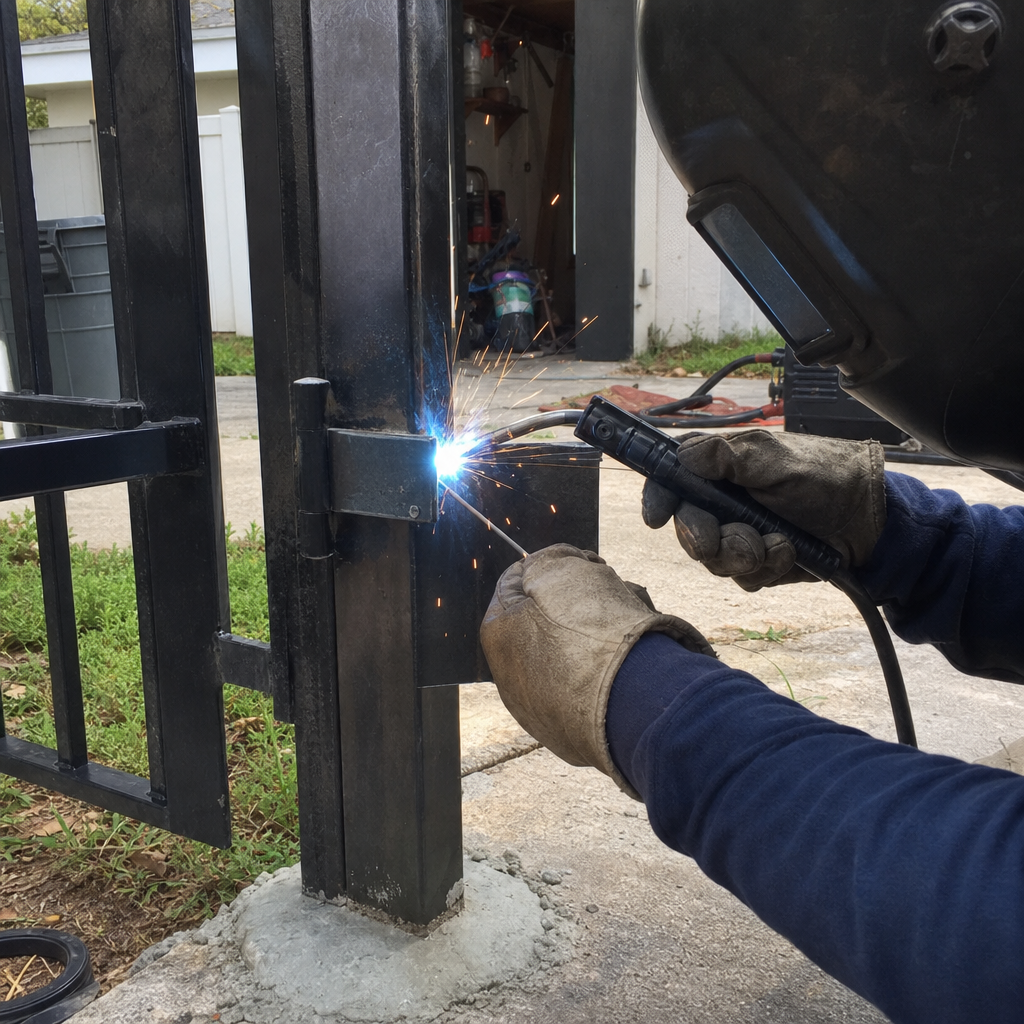 Professional welder performing metal gate installation and hinge repair