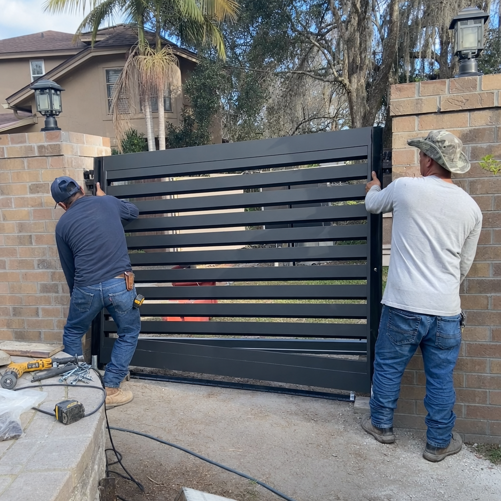 Two contractors installing a modern black metal driveway gate