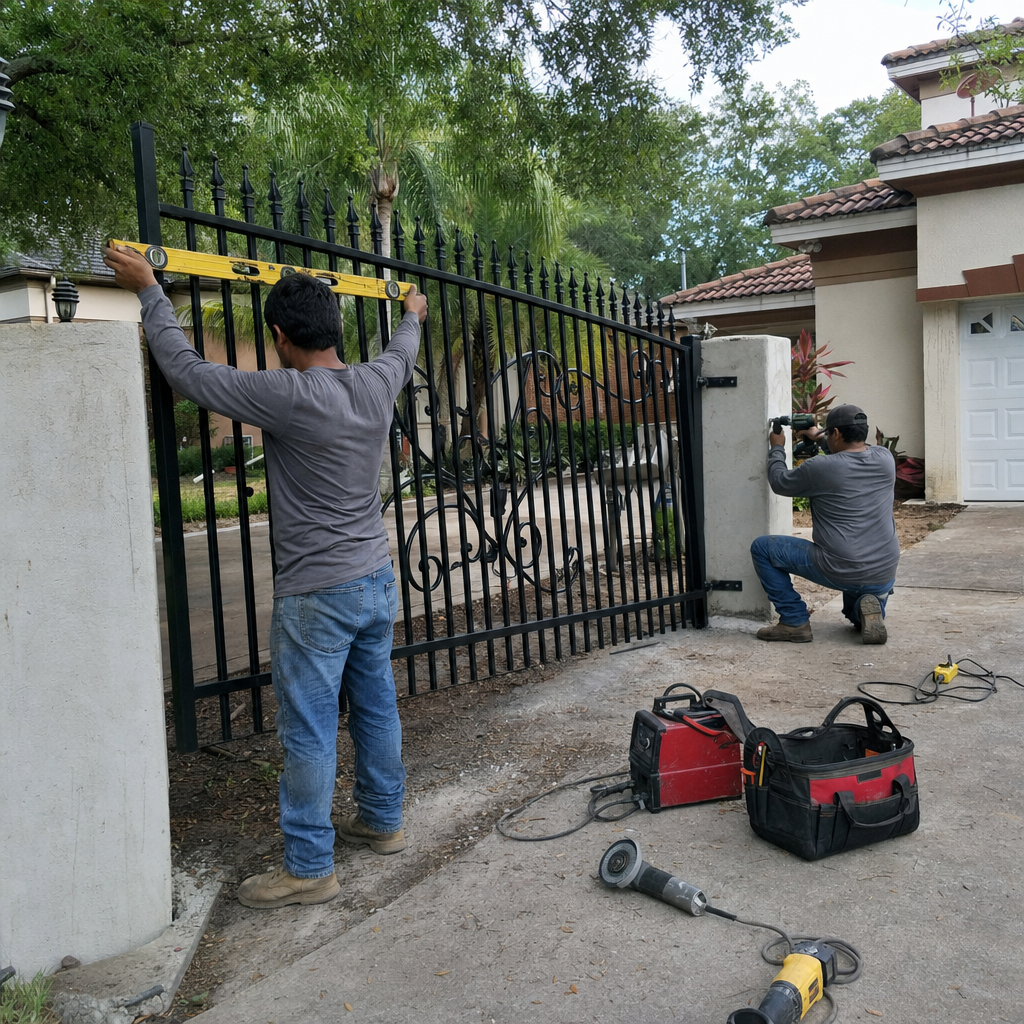 Two technicians installing a custom wrought iron driveway gate.