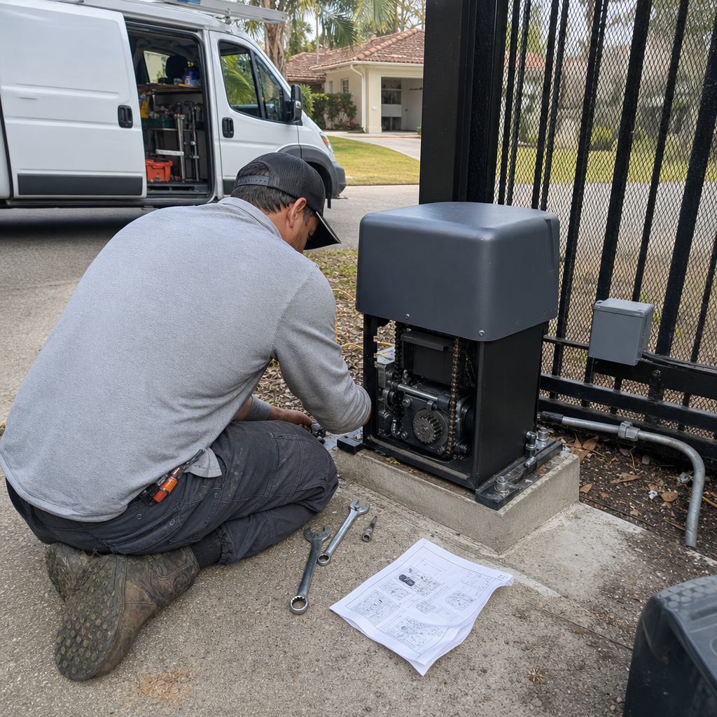 Technician performing maintenance on an automatic gate motor and opener
