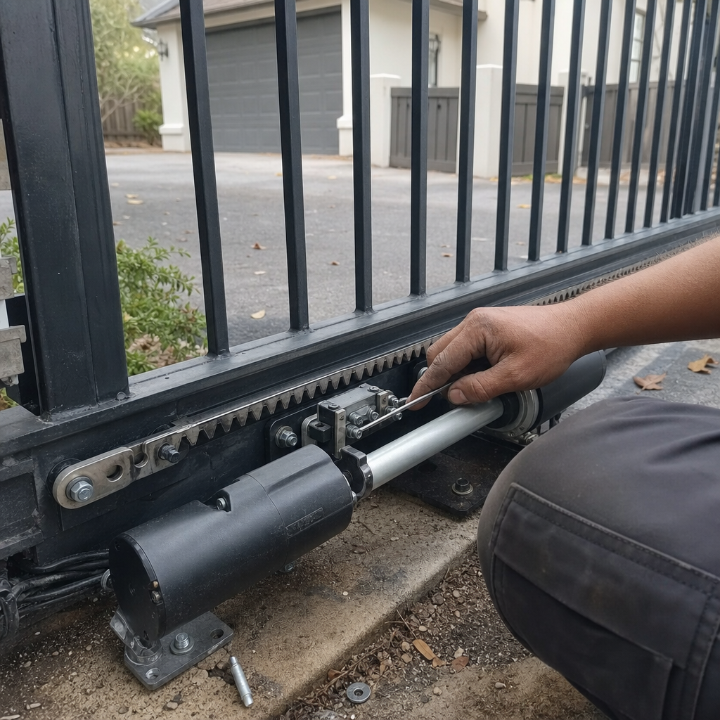 Technician performing professional gate motor and opener repair on sliding gate
