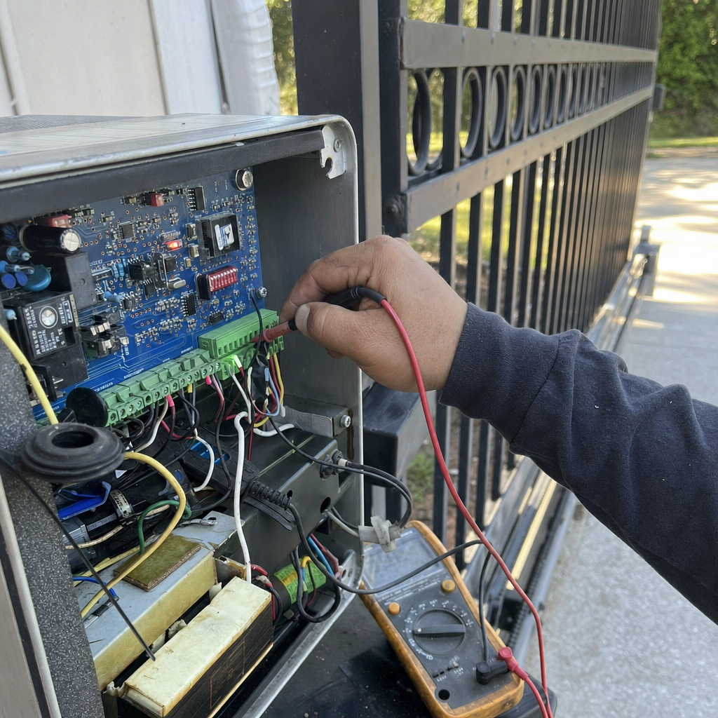 Technician using multimeter to diagnose and repair electric gate opener control board