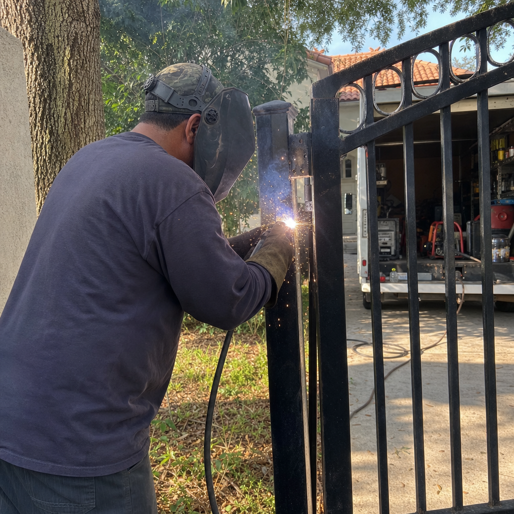 Professional gate repair technician welding a broken metal gate hinge