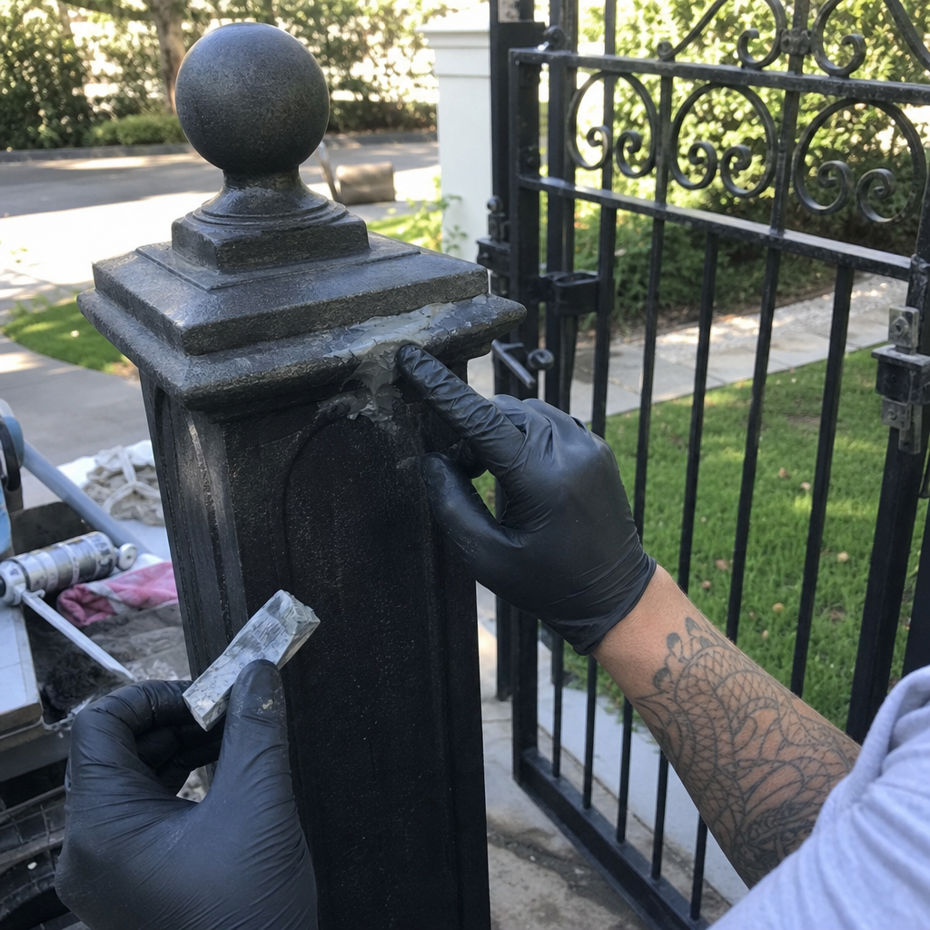 Professional contractor repairing a damaged black metal gate post