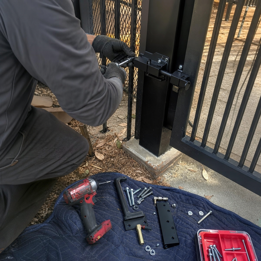 Technician using a power drill to perform metal gate repairs